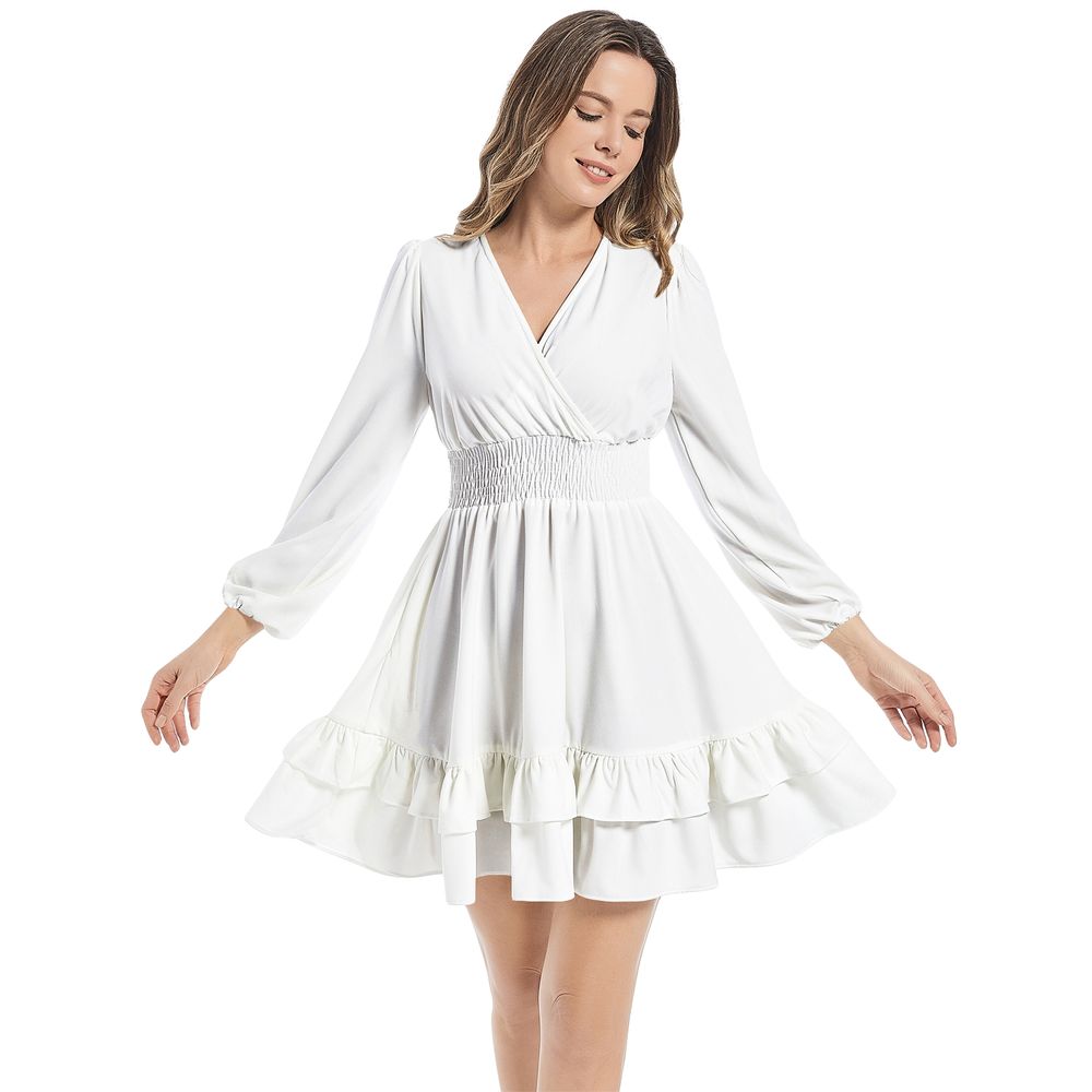 Long Sleeve Tiered Ruffle Hem Elastic Waist Mini Dress | Printy6