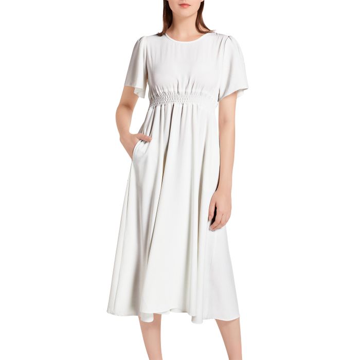 Short Sleeve Shirred Waist Midi Dress