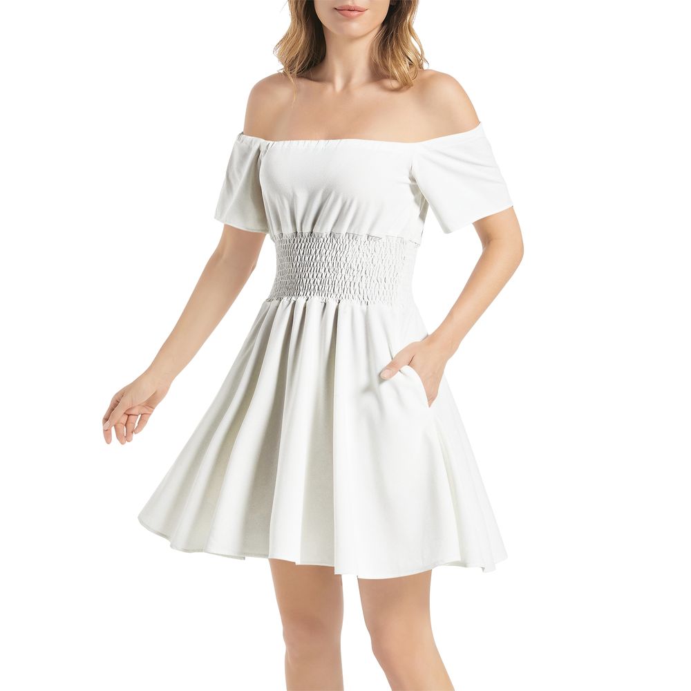 Off Shoulder Shirred Waist Flared Mini Dress 3