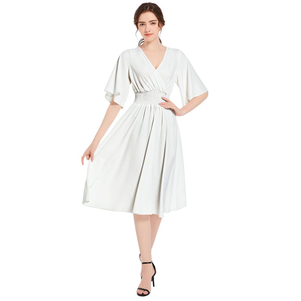 Butterfly Sleeve Shirred High Waist A Line Midi Dress 1