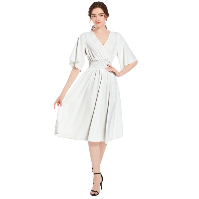 Butterfly Sleeve Shirred High Waist A Line Midi Dress