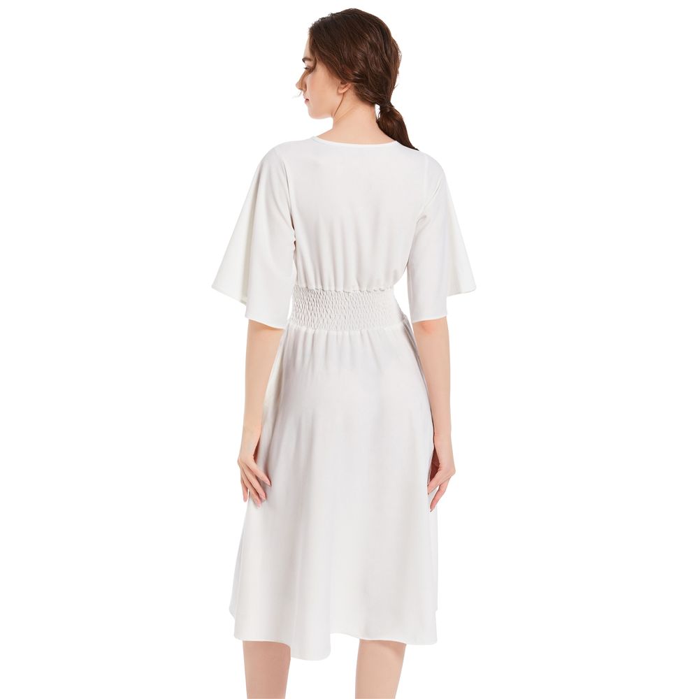 Butterfly Sleeve Shirred High Waist A Line Midi Dress 4