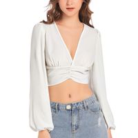 Women's Deep V-Neck Lantern Sleeve Crop Top 1