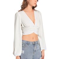 Women's Deep V-Neck Lantern Sleeve Crop Top 2