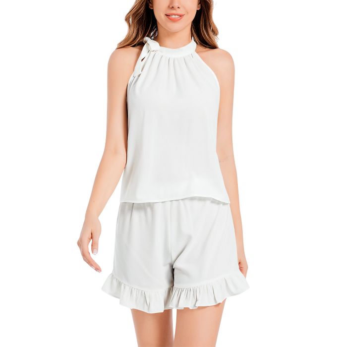 Tie Neck Halter Top and Ruffle Hem Short Set