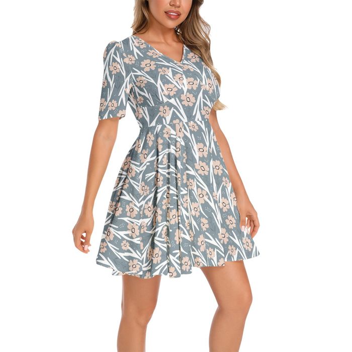 Short Sleeve Ruched Bust Flared Hem Dress